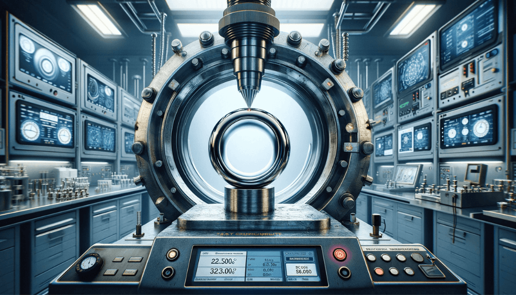 Un anneau en titane à l'intérieur d'un dispositif de test de pression futuriste avec des jauges et des moniteurs numériques, dans un laboratoire de haute technologie, illustrant l'anneau subissant un test de pression intense