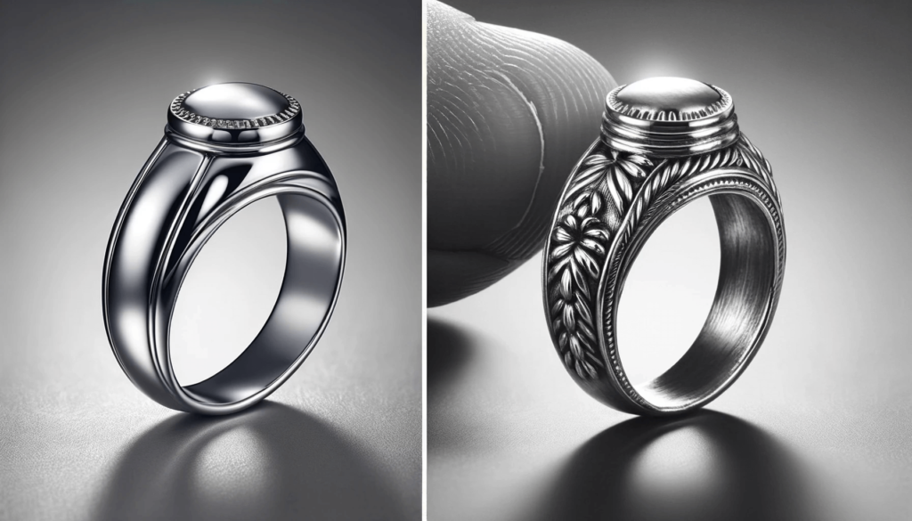 Gros plan sur une bague en argent bien fabriquée montrant une finition lisse et des gravures précises