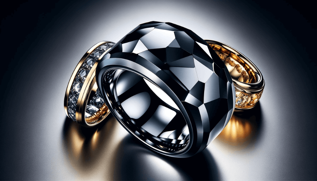 A close-up wide-angle image of a tungsten ring against a dark background, highlighting its high gloss and reflective, polished surface.