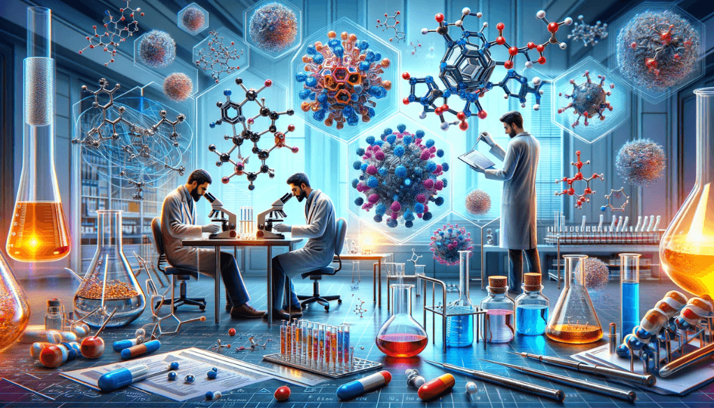 Scène de laboratoire détaillée avec des chercheurs examinant les allergies aux métaux, avec des microscopes, des tubes à essai et un modèle moléculaire.