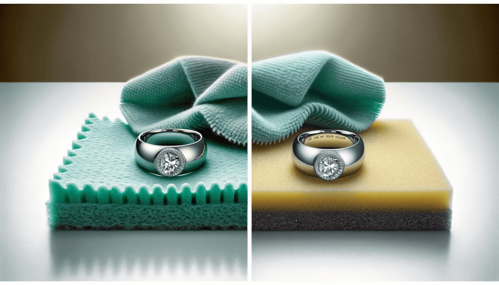 Image grand angle montrant un chiffon en microfibre doux et non abrasif placé à côté d'une bague en titane, mettant en évidence son aptitude au polissage dans un environnement propre et bien éclairé.