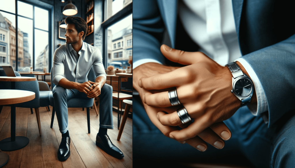 Un homme caucasien dans un cadre décontracté, comme un café, avec un gros plan de sa main portant une élégante bague en argent, en tungstène ou en titane, vêtu d'une tenue décontractée.