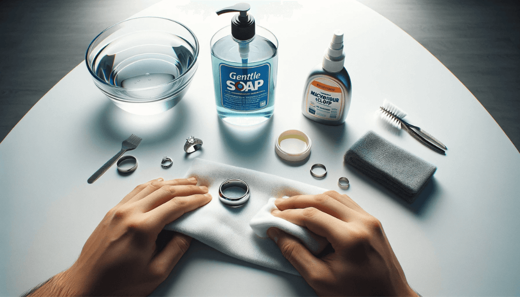 Une collection bien rangée de produits de nettoyage sur une surface blanche, comprenant un flacon de savon, un bol d'eau et un chiffon doux, avec une bague en titane placée à côté.