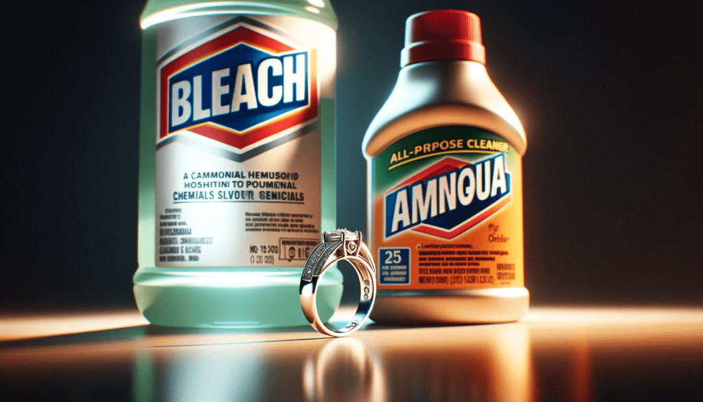 Bague en argent sur une surface près de bouteilles étiquetées 'Eau de Javel' et 'Ammoniaque'.