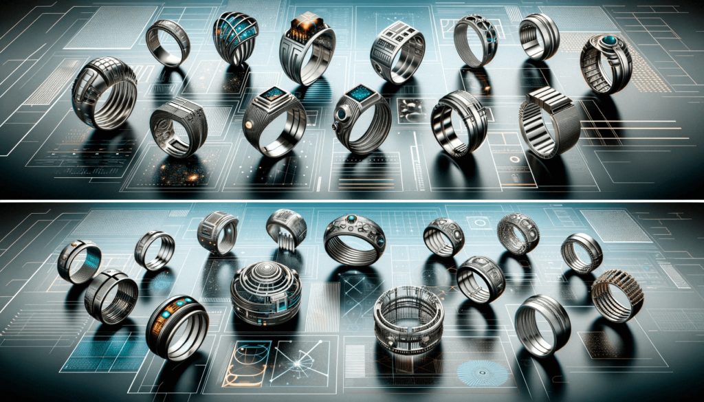 Une collection de bagues en argent au design futuriste et avant-gardiste, présentant des asymétries, des motifs géométriques et des effets holographiques sur un fond métallique épuré.