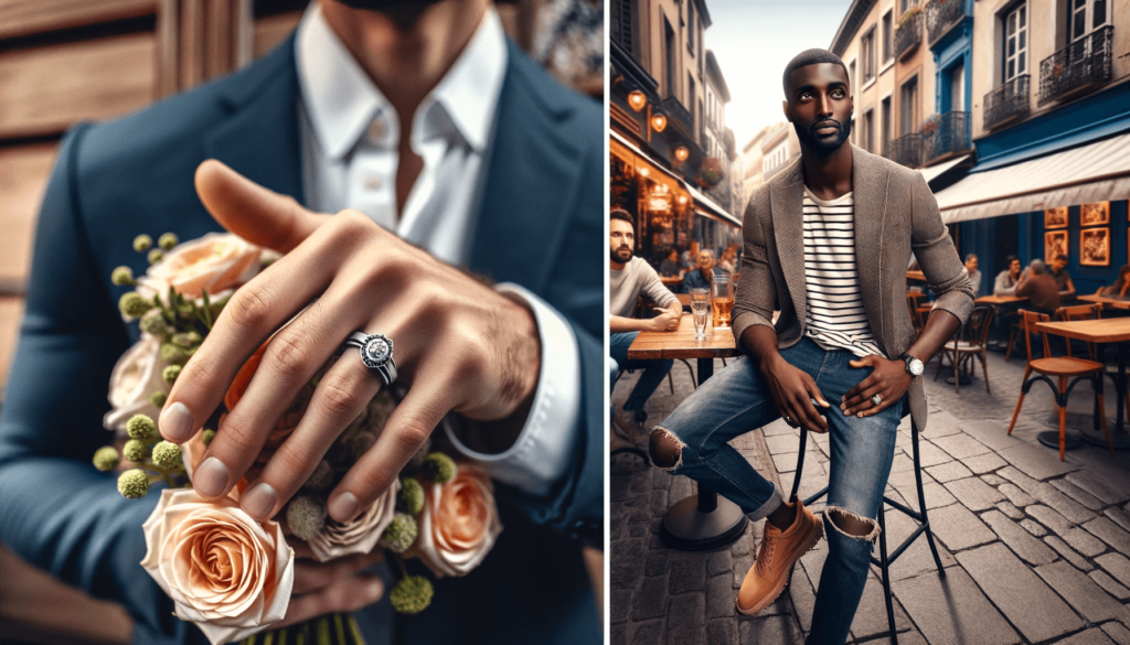 Gros plan de la main d'un homme hispanique portant une bague de fiançailles moderne et élégante, tenant un bouquet de fleurs. Doigt pour les bagues pour hommes.