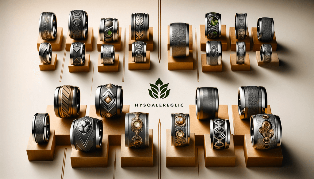A collection of tungsten carbide men's rings with various designs and textures, displayed on wooden stands with a hypoallergenic symbol in the center.