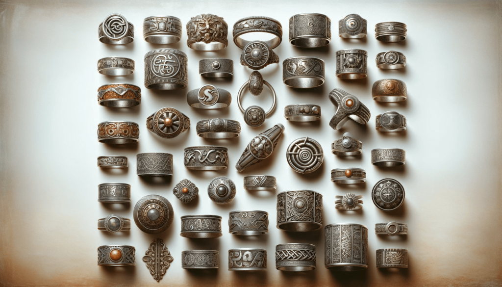 Diverses bagues anciennes en argent au design complexe, provenant de différentes cultures historiques, présentées dans un collage harmonieux.