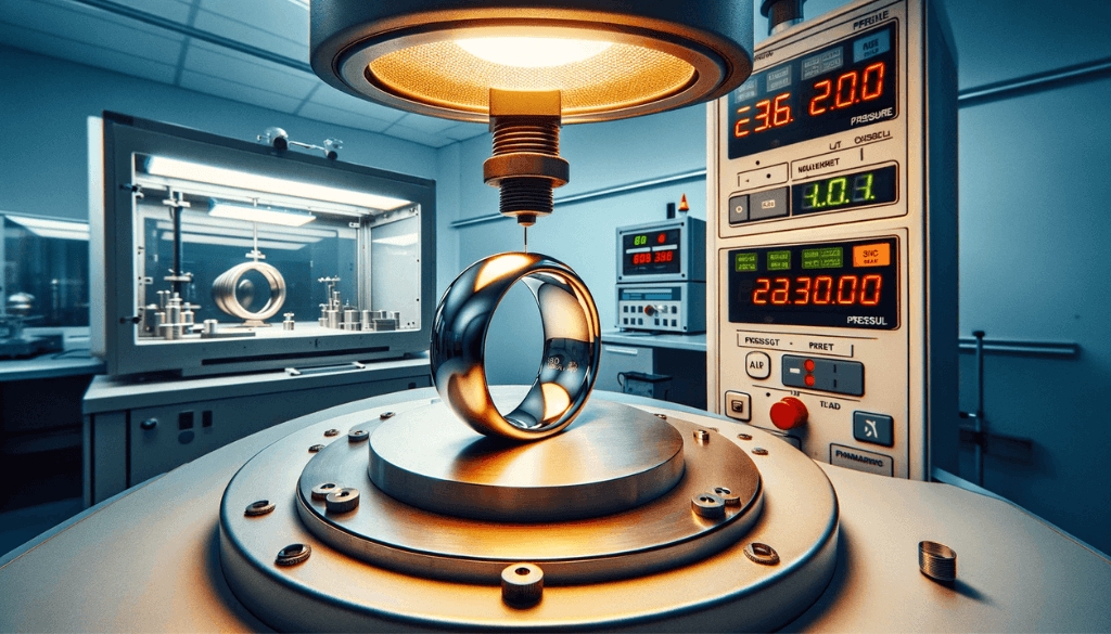 La première image montre la bague à l'intérieur d'une machine de test de pression de haute technologie.