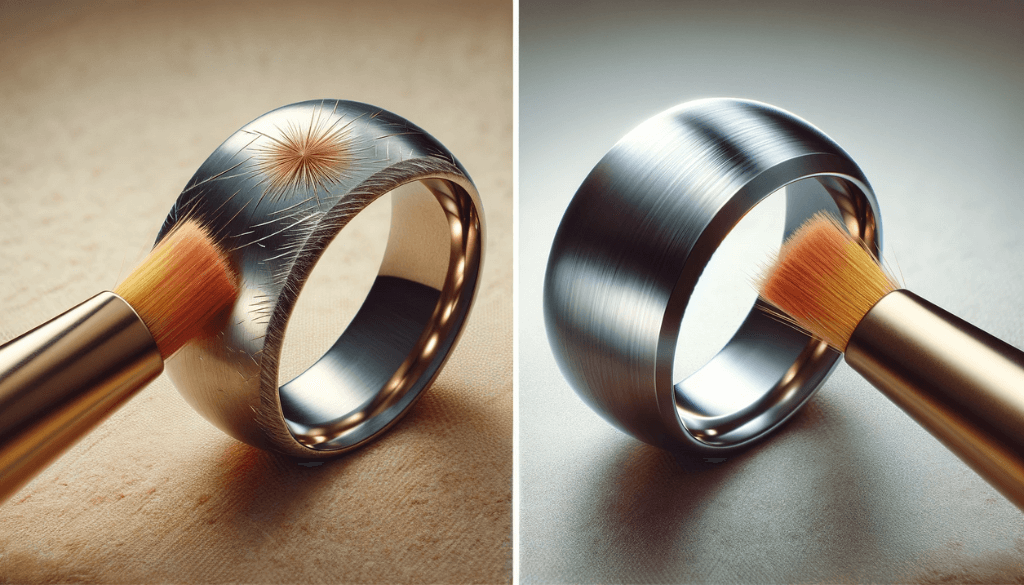 Image grand angle d'une bague en titane présentant des rayures visibles, placée sur un fond doux de couleur neutre, soulignant la nécessité d'un polissage.