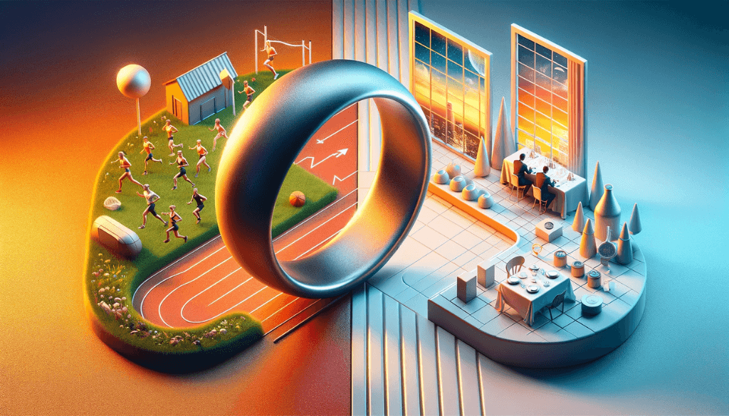 La moitié de l'image montre une bague en silicone flexible dans un environnement actif comme une salle de sport, tandis que l'autre moitié montre une bague en métal rigide dans un environnement formel comme un bureau.