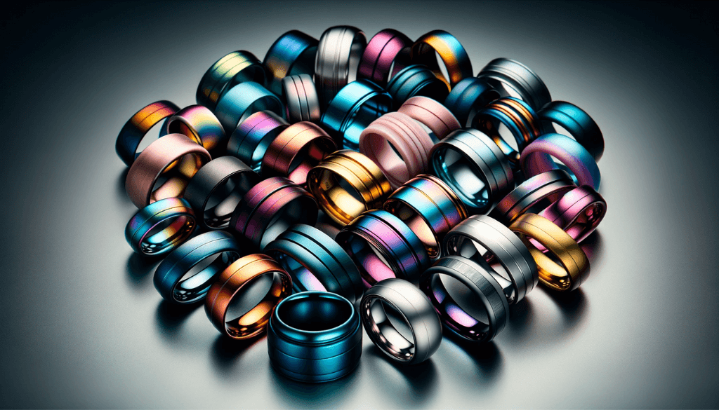 An array of titanium rings in various anodized colors.