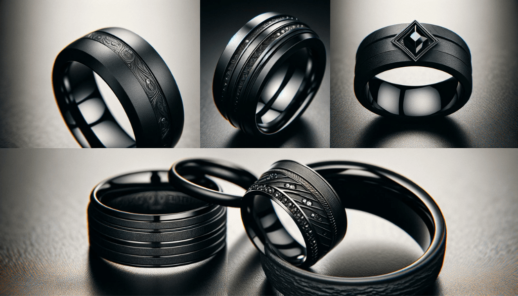 Collection of black rings in a close-up view, showcasing varied textures and luxurious designs.