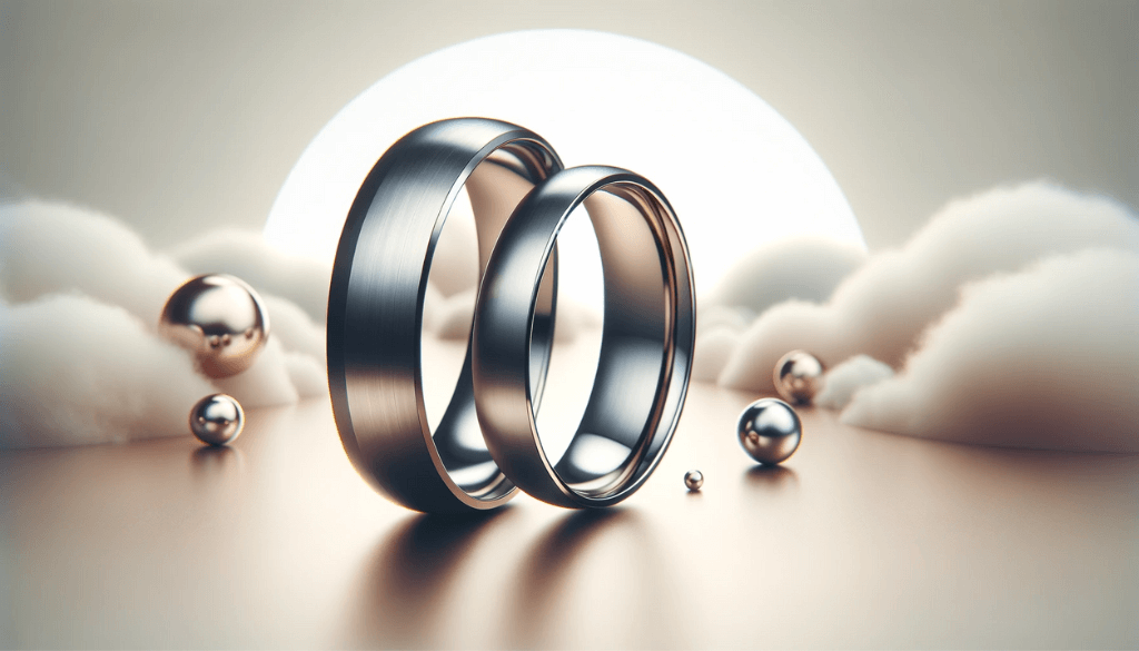 A pair of titanium wedding bands against a beautiful background.