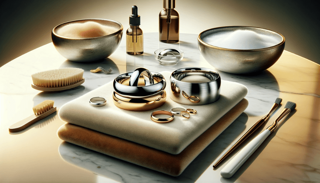 Polishing platinum and rose gold comfort fit bands on a marble surface.
