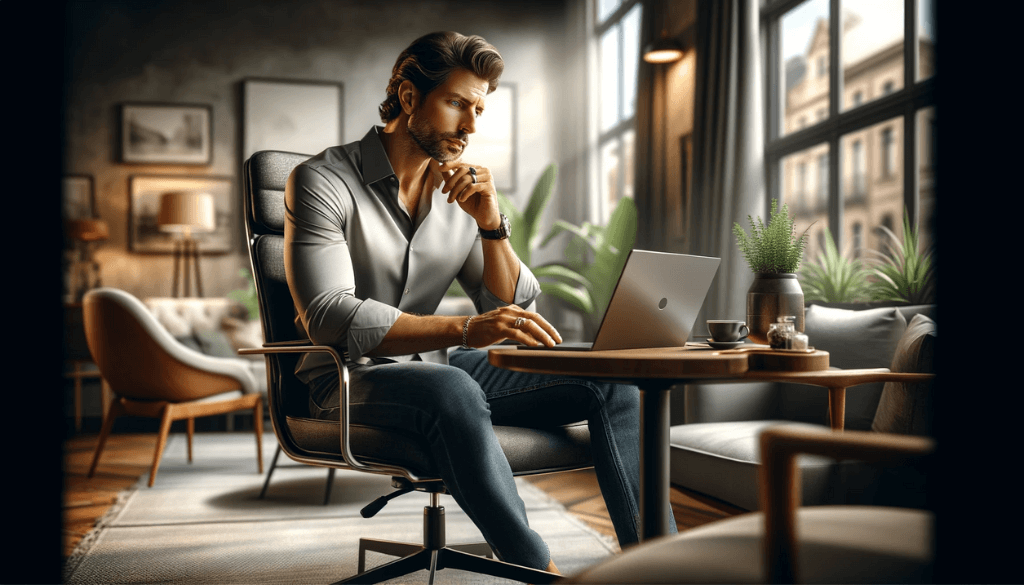 Homme en tenue décontractée savourant un café dans un café en plein air, lisant sur une tablette numérique, avec une bague visible à la main, sur fond de sièges confortables et de verdure urbaine.