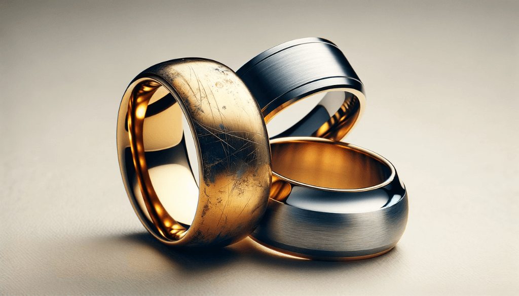 Gold ring showing signs of wear alongside polished tungsten and titanium rings.