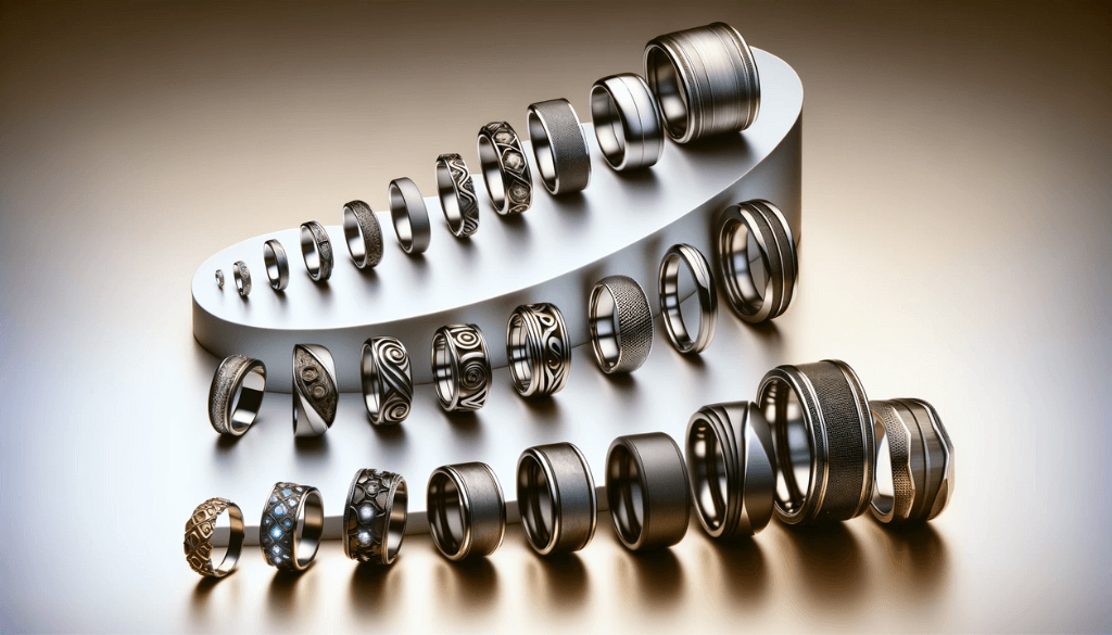 A selection of modern titanium rings with innovative designs displayed on a minimalist background.