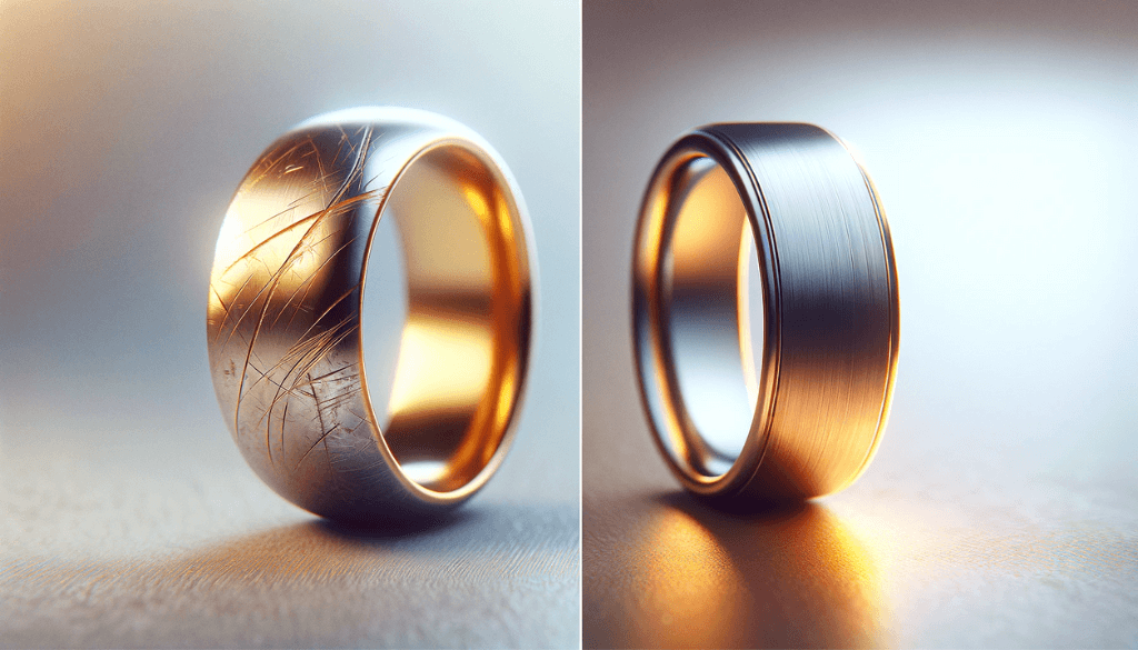 Different angle view of a worn gold ring and a flawless titanium ring, emphasizing their contrasting conditions.