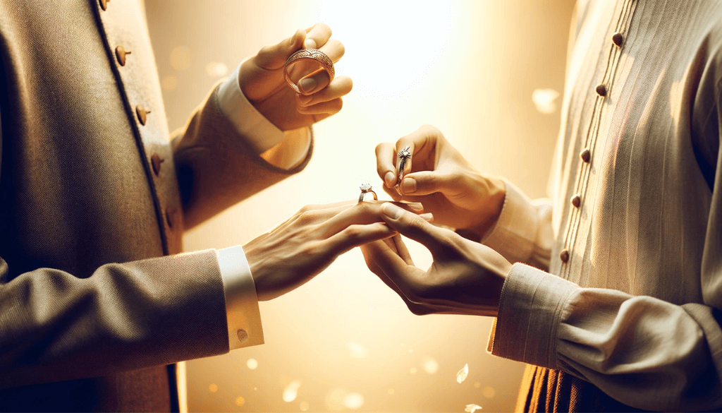  Elegant image of a couple exchanging engagement rings, symbolizing their mutual commitment.
