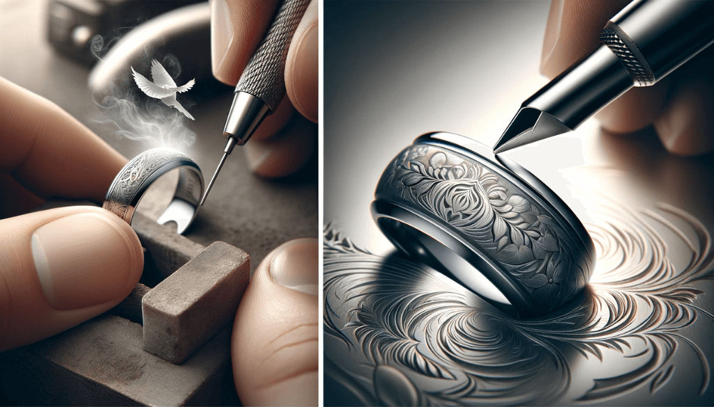Close-up of the engraving process on a tungsten ring, showcasing intricate details.