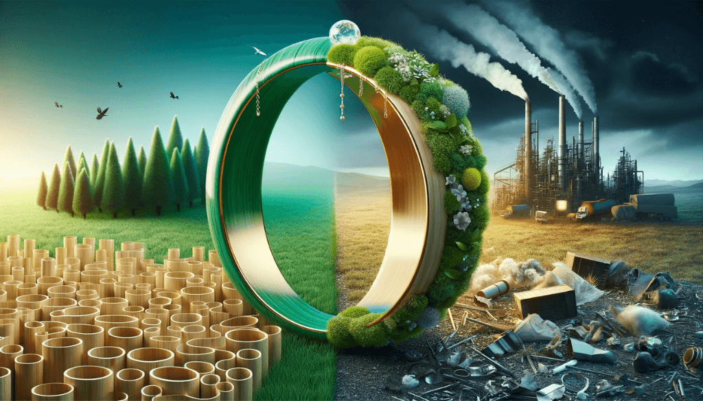 Le côté gauche illustre une bague en bambou dans une forêt sereine, contrastant avec le côté droit montrant une bague en plastique dans un environnement pollué.