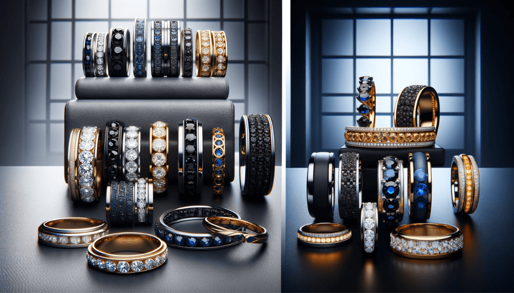Bracelet d'éternité sophistiqué pour homme présenté sur une surface en cuir raffinée, avec des rangées de diamants et de pierres précieuses serties dans du platine, de l'or blanc et de l'or jaune.