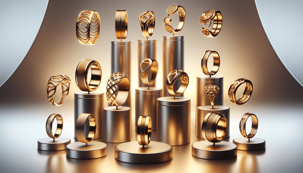 Creative arrangement of contemporary gold titanium rings with artistic reflections and lighting.