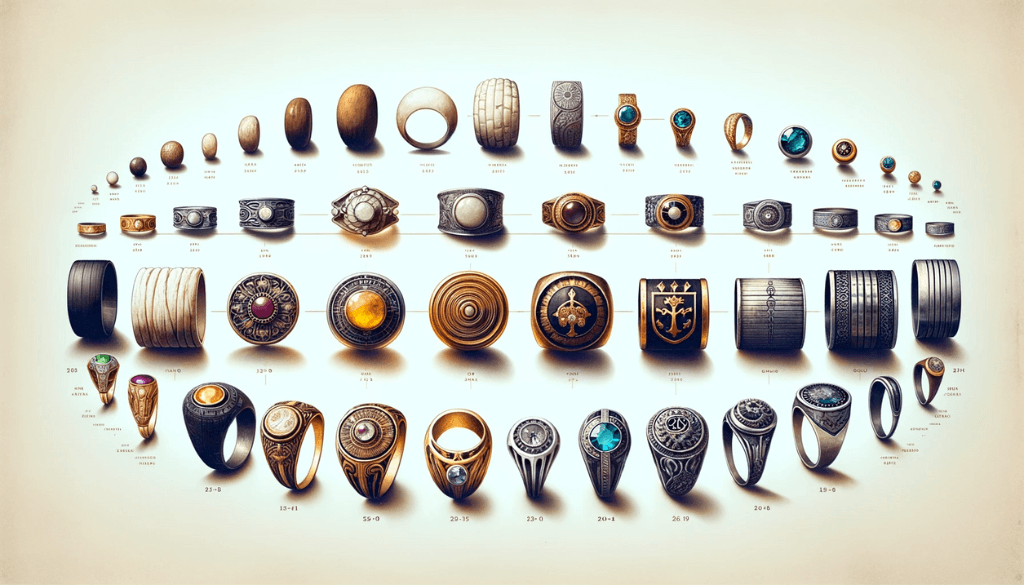  Artistic representation of the progression in men's ring designs from historical to contemporary times.