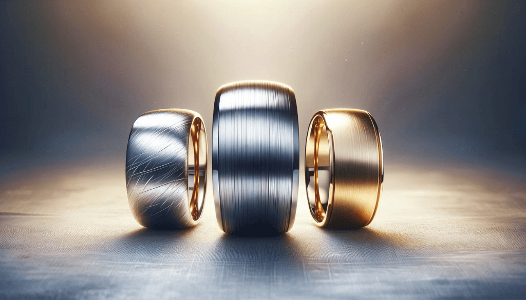 Scratched silver and gold rings, next to a pristine titanium ring.