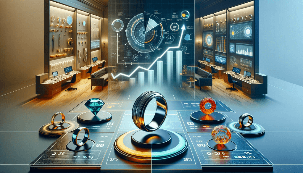 Graphique d'analyse de marché numérique sophistiqué affichant la croissance de l'industrie des bagues en silicone avec des diagrammes circulaires en 3D, des graphiques à barres et un arrière-plan de haute technologie.