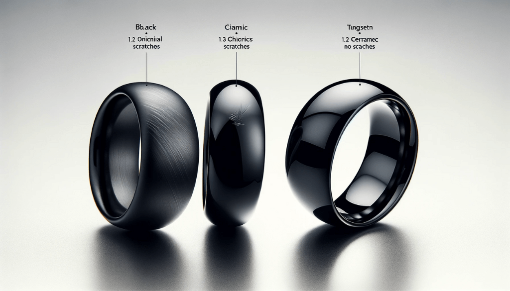 Close-up views of black titanium, ceramic, and tungsten rings, highlighting their scratch resistance qualities.