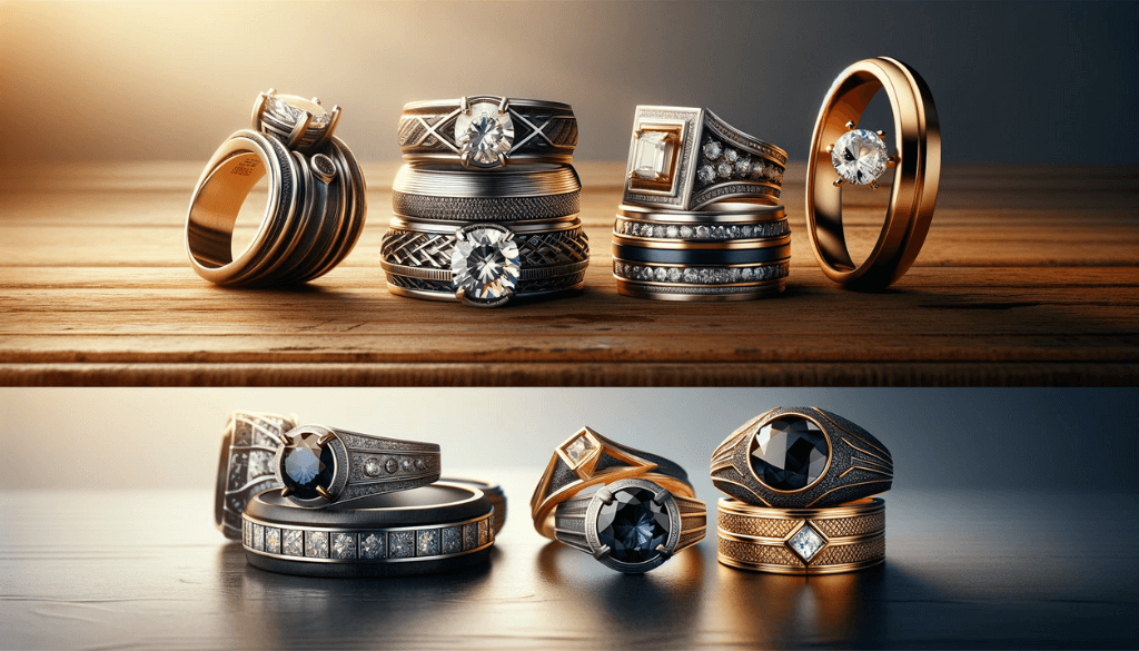 Bagues de fiançailles traditionnelles pour hommes sur une table en bois vintage, avec des bagues solitaires en diamant et des bracelets métalliques classiques.