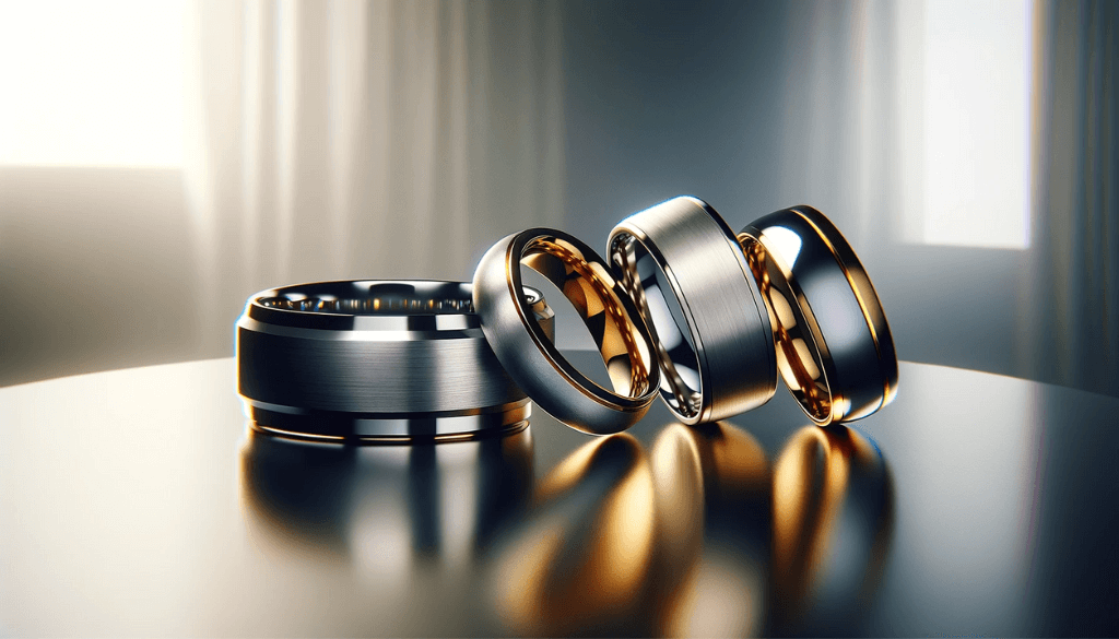 Four wedding bands made of tungsten, titanium, gold, and silver displayed elegantly on a reflective surface with soft lighting.