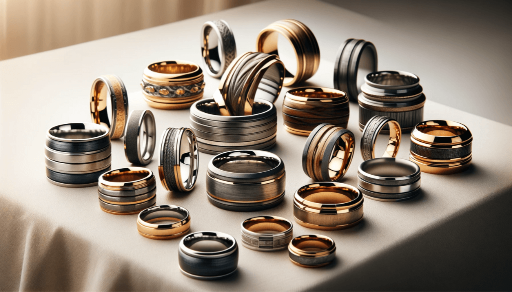Assortment of men’s wedding rings made from unique materials like titanium and wood, showcased beautifully.