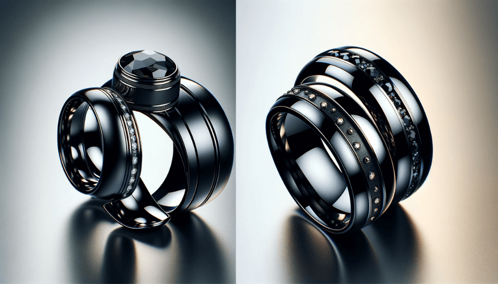 Collection of shiny black men's rings with various elegant designs, presented against a sophisticated background.