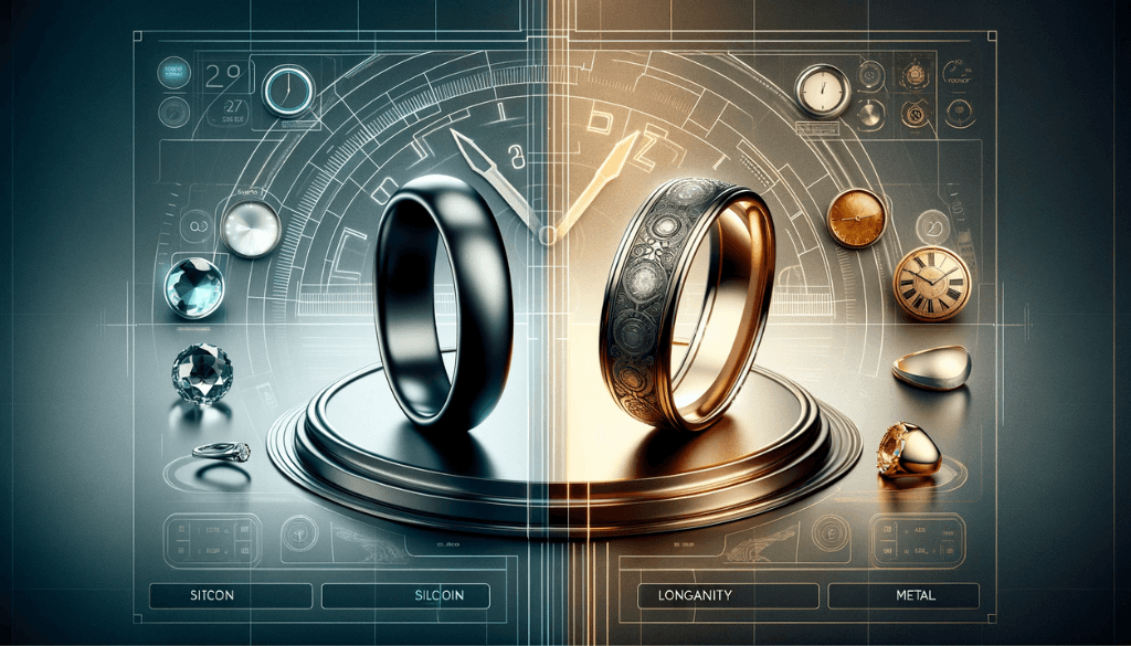 Une bague moderne en silicone sertie d'un motif futuriste à gauche, et une élégante bague en métal sertie d'une texture de pierre ancienne à droite.