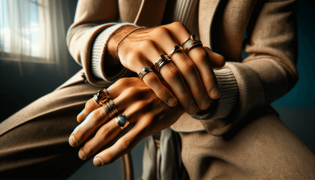 Detailed view of a man's hand wearing rings on all five fingers, each reflecting individual fashion choices.