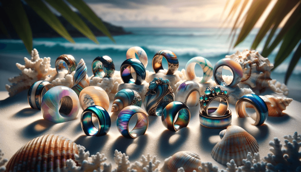 Array of colorful shell rings on a white coral surface.