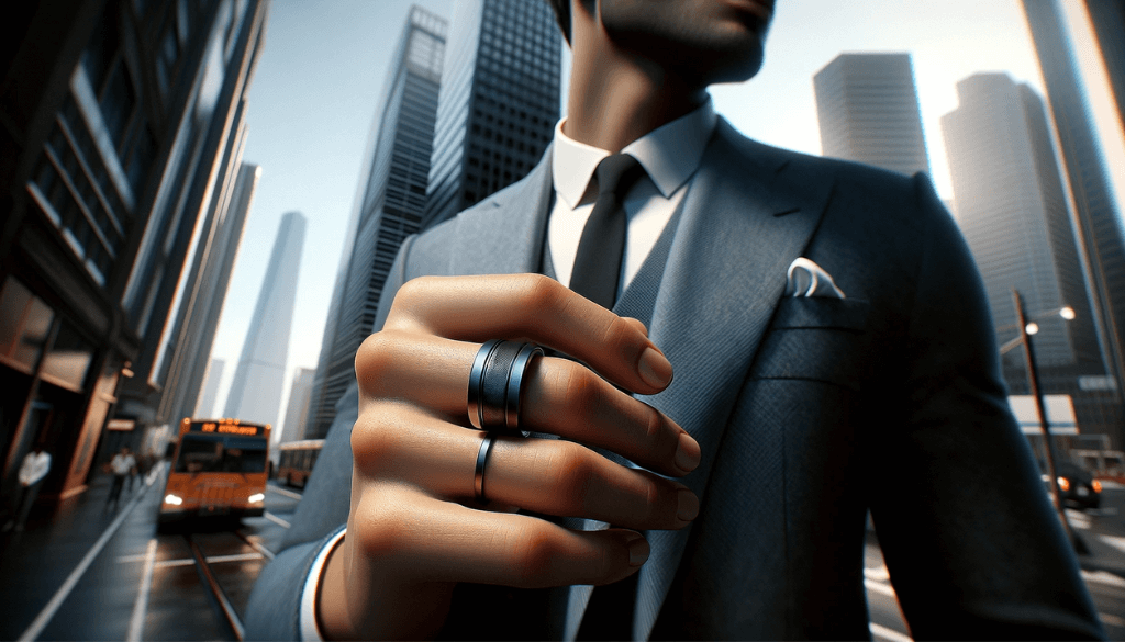 Gros plan de la main d'un homme noir portant une bague en silicone sophistiquée.