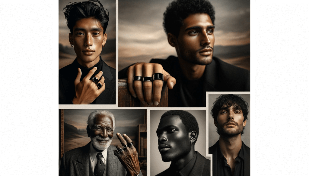 Artistic collage displaying men of various ages and ethnicities, each wearing a stylish black ring on different fingers.