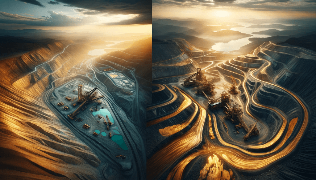 Closer aerial perspective of a gold mine section, highlighting intricate patterns and shimmering gold hints.