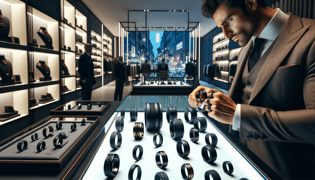 Un cadre élégant dans un magasin de mode masculine avec des vitrines de bagues en silicone et un homme bien habillé examinant une bague en silicone noire.