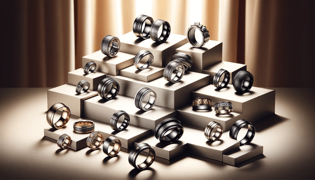 A sophisticated display of an array of men's titanium rings in various styles and finishes.