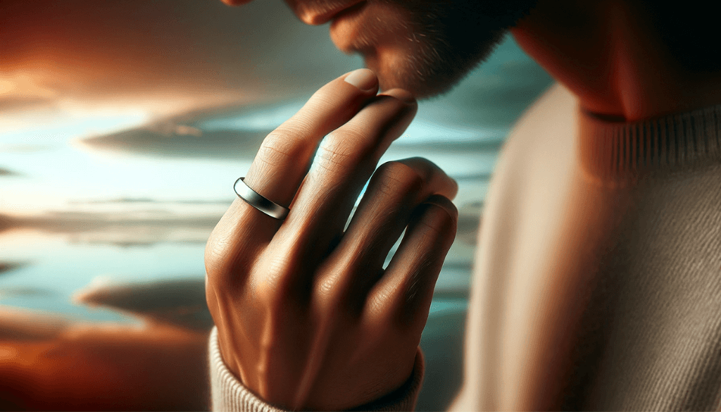 A man's hand with a polished titanium ring, against a serene background.