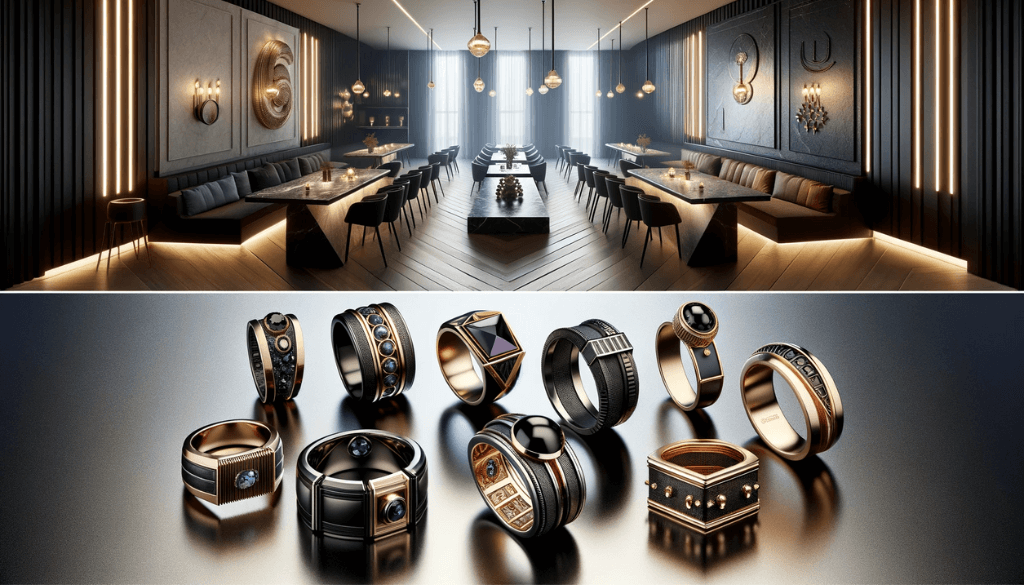 Bagues pour hommes luxueuses avec un travail métallique complexe et des pierres uniques sur une surface en marbre foncé, reflétant les tendances opulentes de 2023.