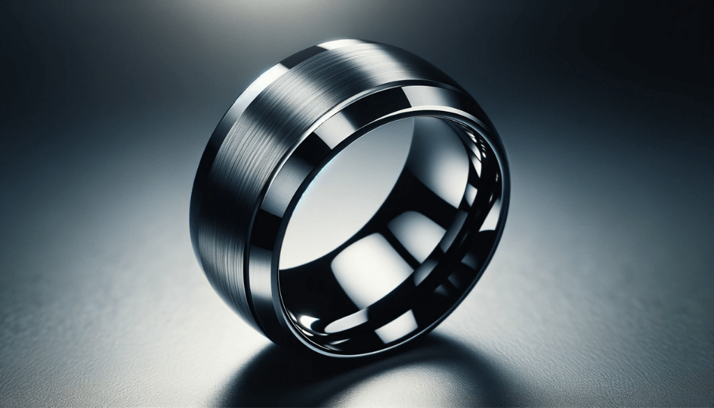 Close-up of a polished tungsten ring showcasing its sturdy and elegant design.