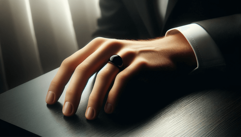 Man's right hand with a shiny black ring, resting on a dark textured surface.