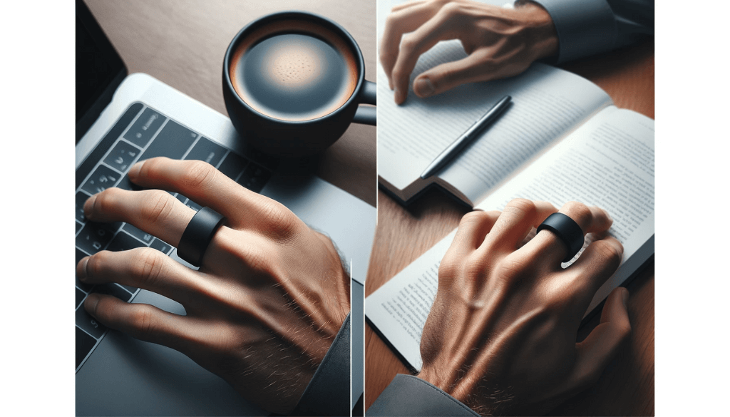 A man's hand wearing a black silicone ring while typing on a laptop.