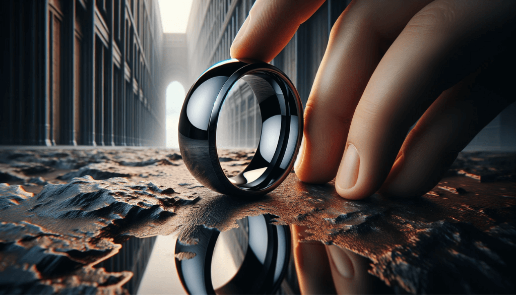 Black polished tungsten ring held between fingers against a modern architectural backdrop.